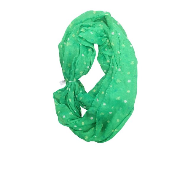 Green Infinity Scarf With White Polka Dots & Floral Pattern Lightweight Polyeste - Picture 3 of 5